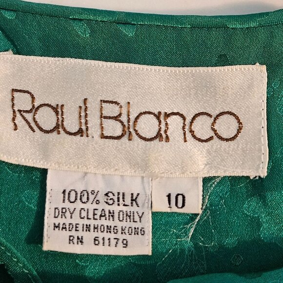 Raul Blanco Emerald Green Silk Blouse Size 10, Puff Sleeves Vintage Y2K Retro - Picture 4 of 7